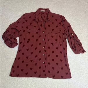 Just Living Mauve Pink w/burgundy hearts ,3/4 Sleeve Button Down Shirt